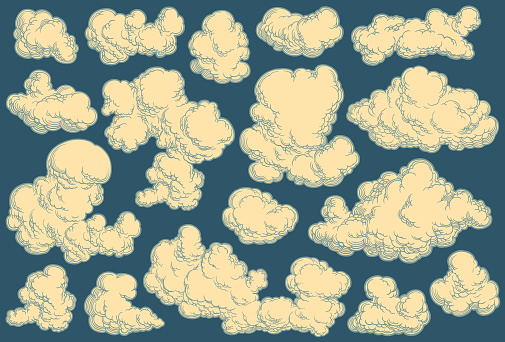 Clouds in the sky. Design set. Editable hand drawn illustration. Vector vintage engraving. 8 EPS