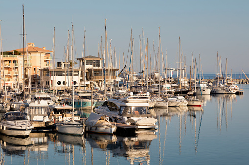 Rows of yachts in marina of Frejus, Cote d'Azur, French Riviera, France, Europe.