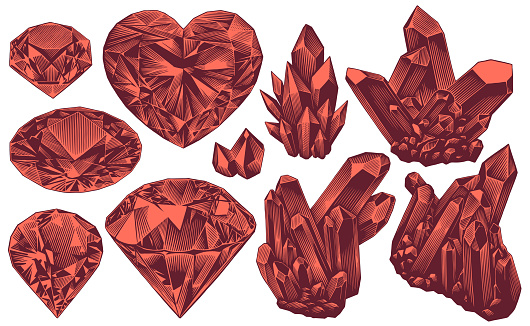 Diamonds and crystals. Design set. Editable hand drawn illustration. Vector vintage engraving. 8 EPS