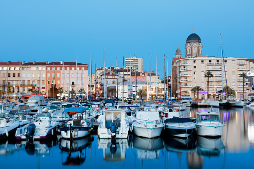 Rows of yachts in marina of Frejus, Cote d'Azur, French Riviera, France, Europe.