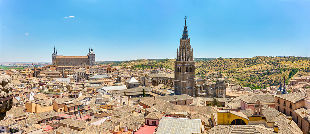 Toledo panoramic view, with the Prime Cathedral and the Alcazar of Toledo in the background. Toledo, Castilla La Mancha, Spain.