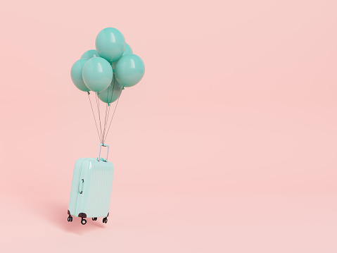3D rendering of bunch of blue helium balloons tied to hard side suitcase against pink background showing concept of summer vacation and traveling