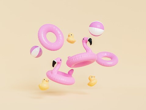 3D rendering of pink inflatable flamingos balls and swim rings with yellow rubber ducks against beige background