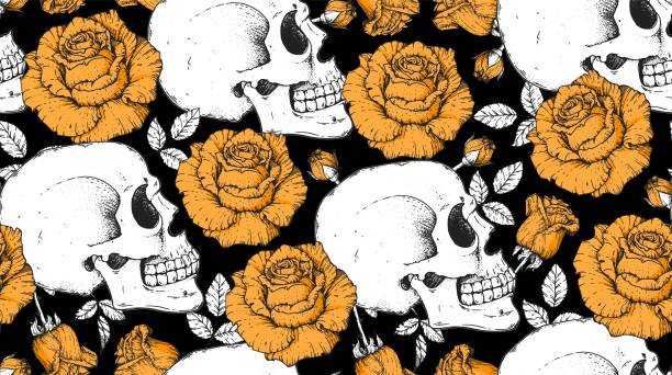 ilustrações de stock, clip art, desenhos animados e ícones de human skull and roses seamless pattern. hand drawn vector illustration. fabric design template. skull background. - halloween color image horizontal side view