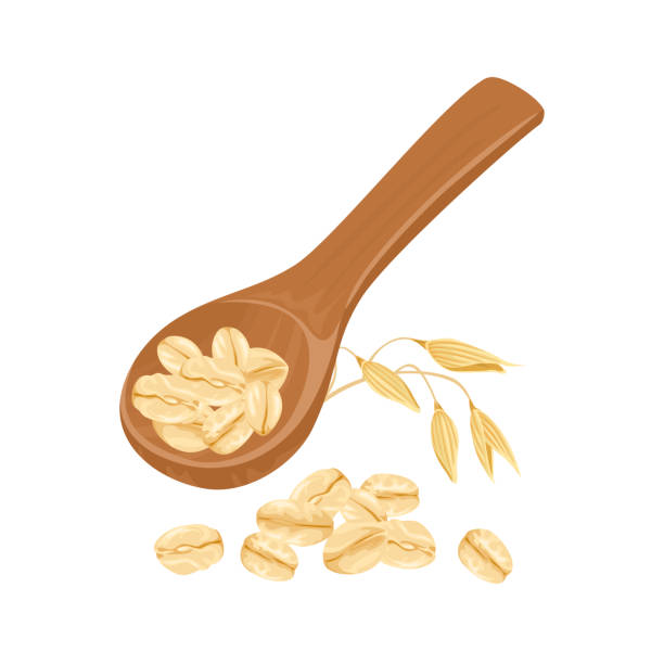 illustrations, cliparts, dessins animés et icônes de avoine dans une cuillère en bois, un tas de flocons d’avoine et une oreille. illustration de dessin animé vectoriel. - oat oatmeal isolated stack