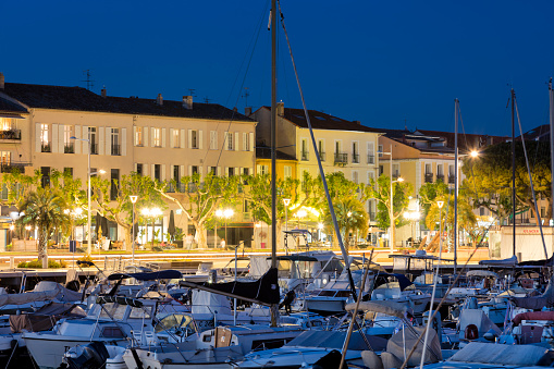 Rows of yachts in marina of Frejus, cityscape, Cote d'Azur, French Riviera, France, Europe.