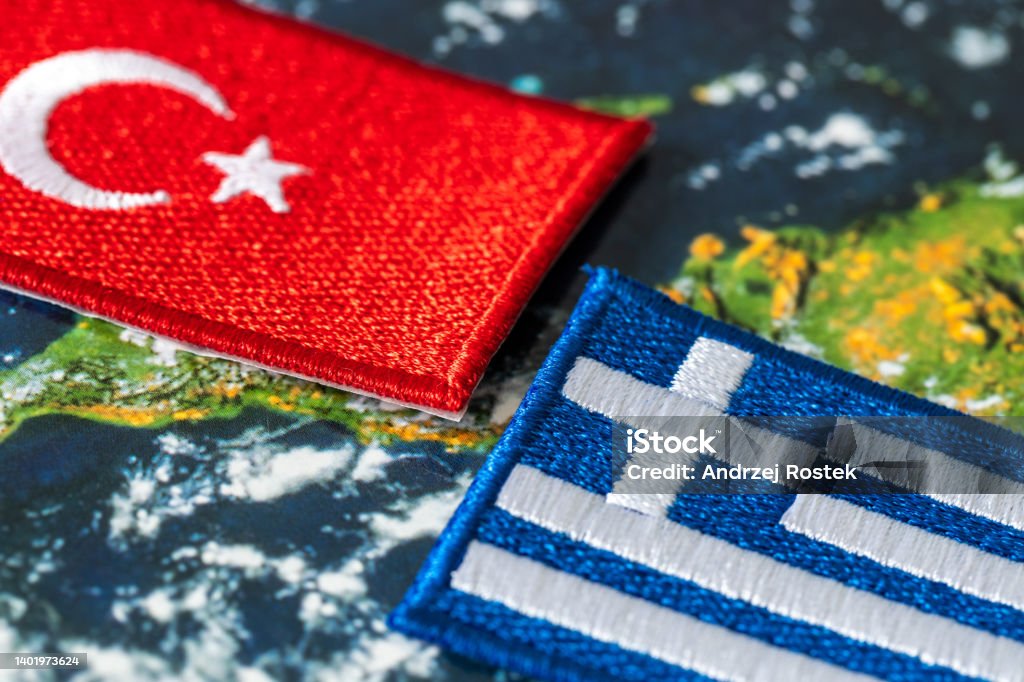 Flags of Turkey and Greece, Concept, Growing conflict between members of the joint defense alliance over the militarization of islands in the Aegean Sea Türkiye - Country Stock Photo