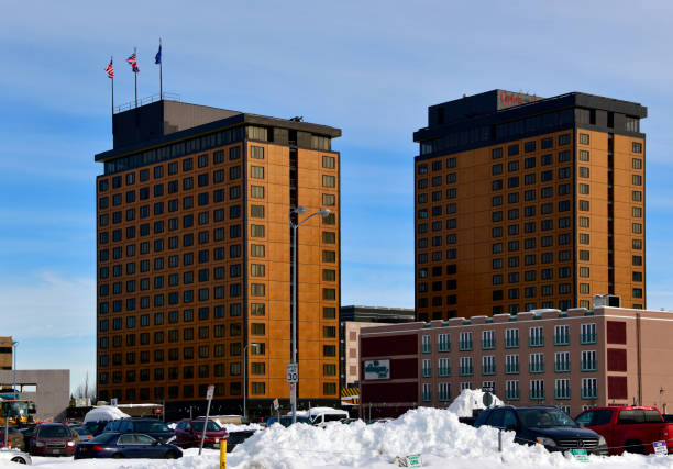 Anchorage, Alaska, USA: red twin towers of the Hotel Captain Cook, 5th Avenue, downtown Anchorage. Hedrick & Stanley architects.