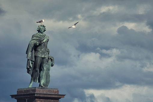 A statue of king Gustav III of Sweden, by Johan Tobias Sergel (1740 - 1814). The statue was uncovered in 1808 at Skeppsbrokajen in the old town of Stockholm.