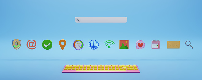 Web search engine with computer keyboard and internet symbols and icons. 3d rendering with blue background.