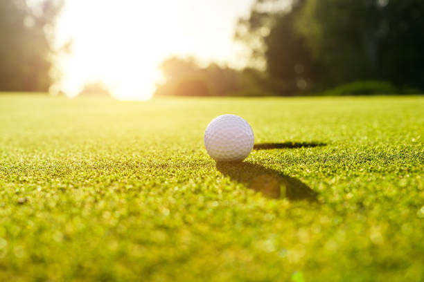 istock Golf ball on the green grass near hole on a golf course at sunset 1401975698