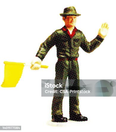 istock Man in Hat Waving Yellow Flag 1401977084
