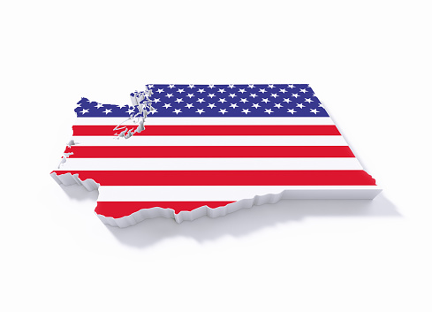Extruded physical map of Washington State textured with American flag on white background. Horizontal composition with copy space. Clipping path is included.