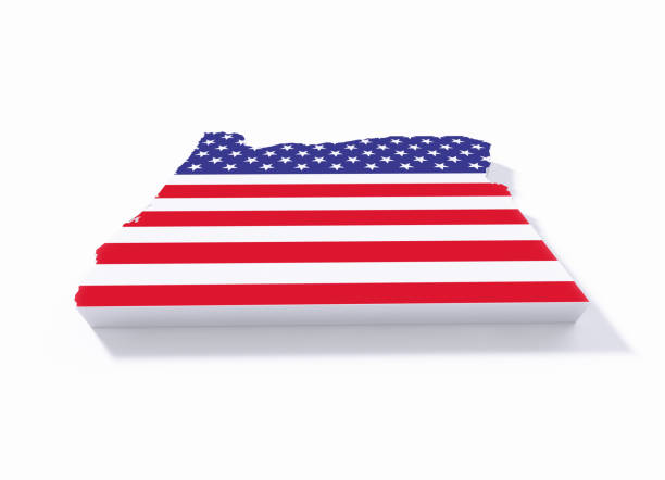 Extruded physical map of Oregon State textured with American flag on white background. Horizontal composition with copy space. Clipping path is included.