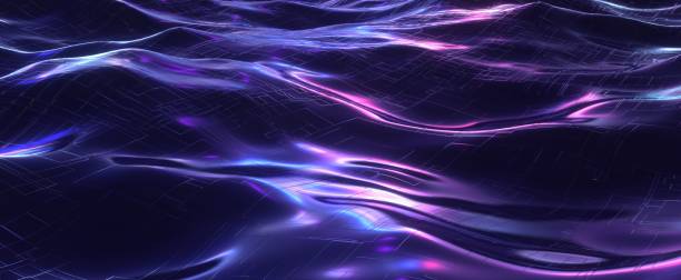 istock Neon cyber waves with flares. Electronic purple circuit lines and board 3d render on ocean dark water 1401979011
