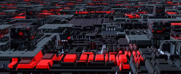 istock Electronic abstract city board. Red cyber buildings with futuristic 3d render processors 1401979103
