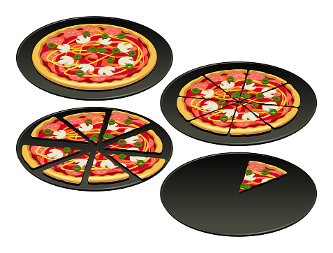 Pizza stages on four plates isolated on a white background.