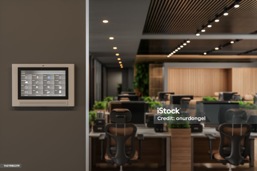 Smart Control System With App Icons On A Digital Screen In Modern Office With Blurred Background Office Stock Photo
