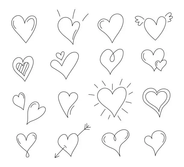 Vector illustration of Hand drawn set of doodle hearts. Vector illustration.