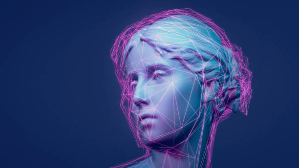 3D rendered classic sculpture Metaverse avatar with network of low-poly glowing purple lines stock photo