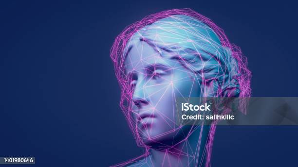 3d Rendered Classic Sculpture Metaverse Avatar With Network Of Lowpoly Glowing Purple Lines Stock Photo - Download Image Now