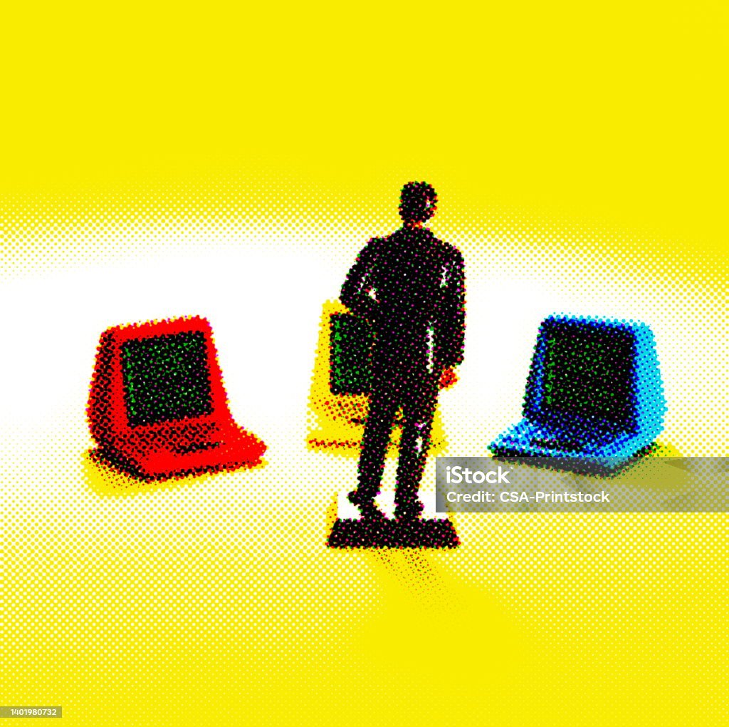 Search Computer Man Two Three Man In Front Of Three Computers Stock Illustration - Download Image Now ...