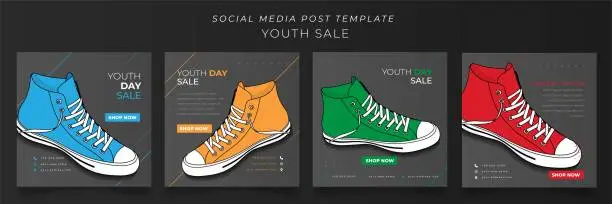 Vector illustration of Set of social media post template with multiple shoes color for online advertising design