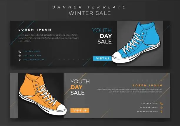 Vector illustration of Web banner template design with blue and yellow sneaker in dark background design