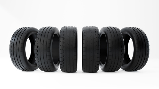 Front and side view of racing, road and off-road, motorcycle tires. 3d rendering. 3D illustration, isolated on white background