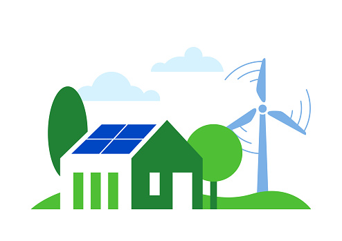 Landscape with a house in front, solar panels on the roof, wind turbine in the back. Simple, flat illustration.
