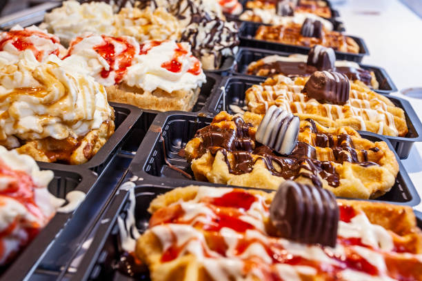 istock Belgian waffles in Brussels cafe market 1401984448