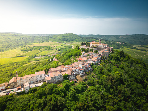 Aerial drone shot of an old medieval town Motovun in Istria, Croatia.