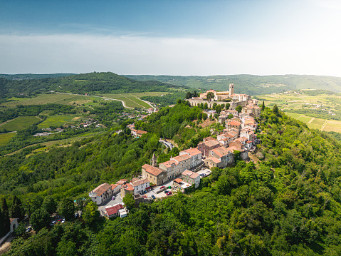 Aerial drone shot of an old medieval town Motovun in Istria, Croatia.