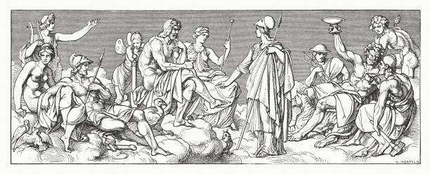 греческие боги олимпа, гравюра по дереву, опубликованная в 1881 году - roman god stock illustrations