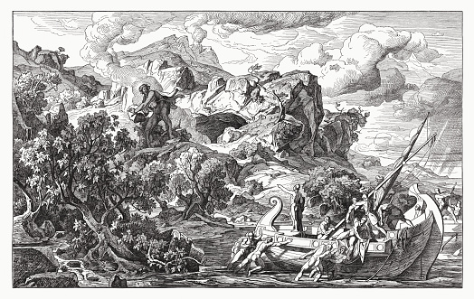 Ulysses Departing from the Land of the Cyclops. Scene from Homer's Odyssey (IX, 411 - 490). Wood engraving according a wall painting (1863/64) by Friedrich Preller (German painter, 1804 - 1878) in the Museum Weimar (destroyed in WW2), publshed in 1881.