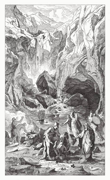 ilustraciones, imágenes clip art, dibujos animados e iconos de stock de ulises recibiendo el veredicto de teiresias en el hades, xilografía, publicado en 1881 - zu hell