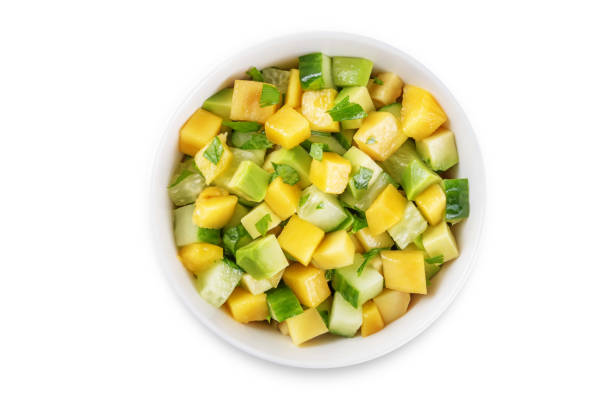 istock Mango avocado cucumber salad in a bowl on a white isolated background 1401989896