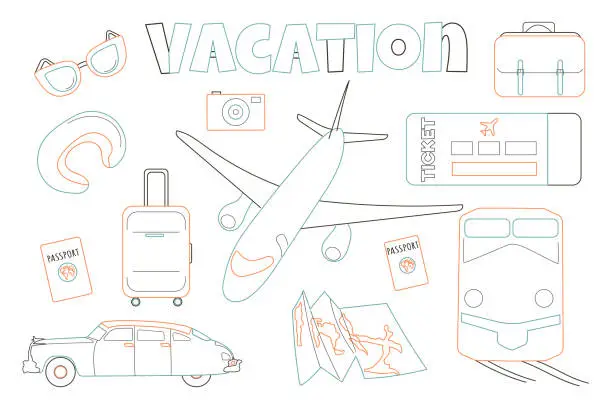 Vector illustration of A set of linear elements on the theme of travel. Cute vector transport, luggage and things for travelers in colorful lines.