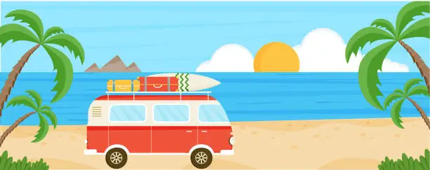 Vector illustration of Banner with red bus with surf board and luggage on the beach. Summer sea background.  Summer travel, holiday, tourism. Beach with palms, mountains, sun, camper van. Vector illustration.