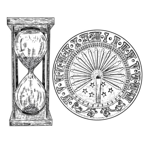 Set of sundial or sun clock and hourglass or sand clock drawing. Hand drawn and isolated. Vector Set of sundial or sun clock and hourglass or sand clock drawing. Hand drawn and isolated. Vector ancient sundial stock illustrations
