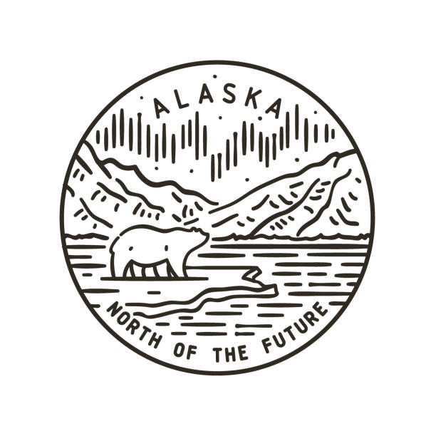 Alaska. White bear. Aurora Borealis Vintage vector round label. Alaska. White bear. Aurora Borealis alaska northern lights stock illustrations