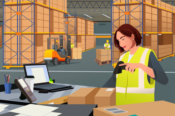 Warehouse Worker Scanning a Box Vector Illustration vector art illustration