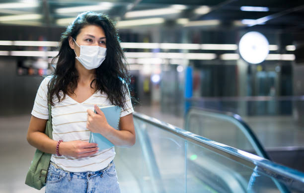 istock Woman in mask walking beside escalator in mall 1402001288