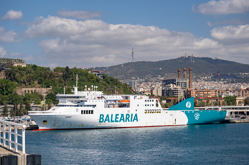 Balearia Ferry vessel depart Barcelona port Vell. Barcelona, Spain - May 29, 2022