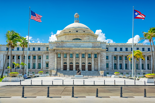 The Puerto Rico Capitol building in San Juan, Puerto Rico on a sunny day.