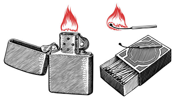 Lighter and matches. Editable hand drawn illustration. Vector vintage engraving. 8 EPS Lighter and matches. Editable hand drawn illustration. Vector vintage engraving. 8 EPS matchbox stock illustrations