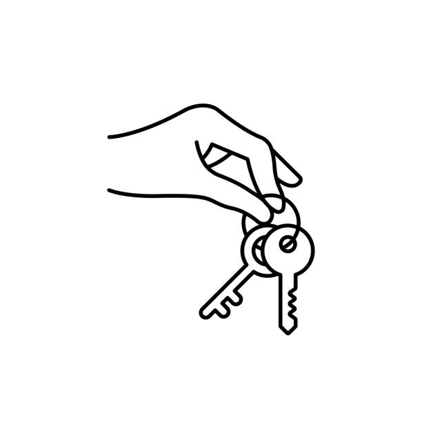 ilustrações de stock, clip art, desenhos animados e ícones de bunch of keys in hand thin line vector icon in black. outline keys. trendy flat style isolated symbol, used for: illustration, minimalistic, symbol, mobile, app, emblem, design, web site, ui, ux. eps 10 - enter key computer key computer keyboard square