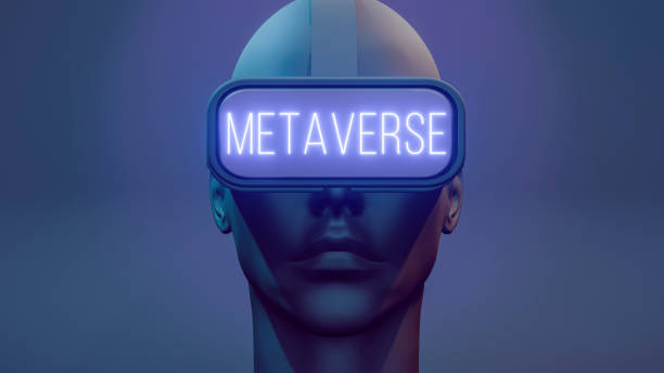 3D rendered Metaverse character using virtual reality glasses. Metaverse text visible on the VR glasses stock photo