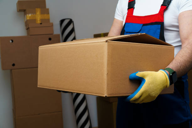 istock Man mover in uniform holding cardboard box, close up 1402012258