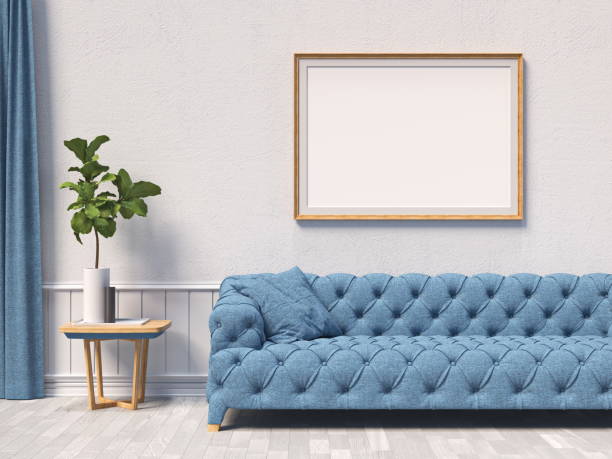 istock Mock up poster frames with blue sofa and curtain 1402013764